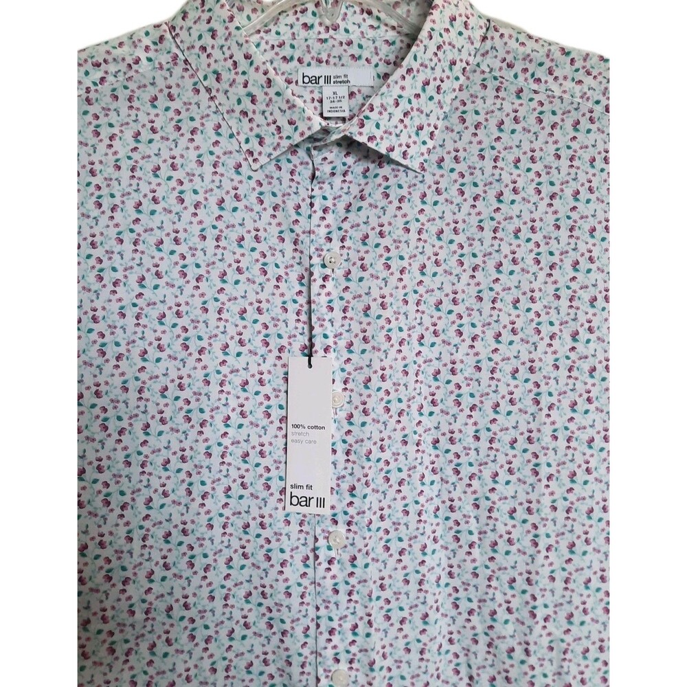 NEW Bar III Slim Fit Stretch Cotton Button Shirt Floral White Pink 17-17.5 34/35